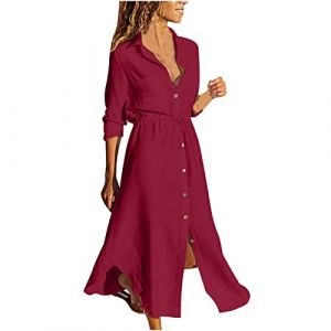 2025 Soldes Robe Chemise Longue en Lin Femme &Eacute;t&eacute; Robe de Travail Chic et Elegant Mi-Longue Dress pour F&ecirc;ter Boheme Max Robes de Soir&eacute;e Confortable l&eacute;ger D&eacute;contract&eacute;e Femmes Robes de Plage Vacances (⭐⭐⭐⭐⭐AEGJEGVD⭐⭐⭐⭐⭐, neuf)