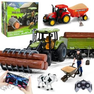 Joellfuner RC Tracteur Telecommand&eacute; Enfant, 6 Canaux Tracteur T&eacute;l&eacute;command&eacute; avec T&eacute;l&eacute;commande & App, Jouet Tracteurs avec Grappin, Vache et Troncs d'arbre, Jouet Ferme Cadeau de No&euml;l pour Enfants (TORYODOR ETRADE, neuf)