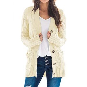 Uusollecy Gilet Long Femme Hiver Chaud De Boutonnage Décontracté Grosse Maille avec Poche Gaufré Cardigan, Beige, S (RadioGaga, neuf)