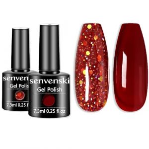 Senvenski Rouge Gelée Vitrail Vernis Semi Permanent, Rouge Doré Clignotant Semi Permanent, Maroon Rouge Cerise Vernis à Ongles Kit Art Varnish Gift Set UV LED pour French Manucure (CS2-015) (Senvenski EU, neuf)