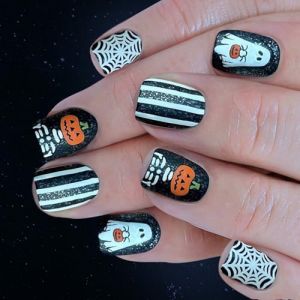 Lot de 24 faux ongles brillants pour Halloween, toile d'araignée blanche, squelette, pour accessoires de costume de fête, tendeur, faux ongles (SLonguo, neuf)