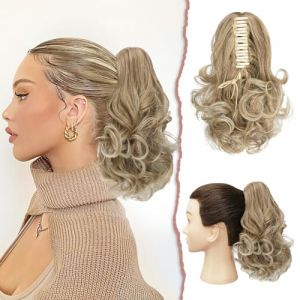 Sofeiyan Extension de Queue de Cheval Pince à Griffes Extensions de Cheveux Queue de Cheval Ondulée Queue de Cheval Extension Synthétique Postiche pour Femmes, 28cm Blond Foncé à Blond Décoloré (SofeiyanEU, neuf)