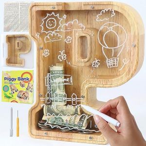 Lakpopya Tirelire en Bois Grande pour Enfant Adulte Tirelire Cochon Personnalisée de Lettres A-Z avec Zone Cible Tirelire Billet Transparente Créative pour Cadeau Décoration Baptême (P) (Never fail, neuf)