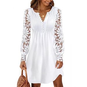 Minetom Dentelle Robe Femmes &Eacute;l&eacute;gante Col V Mini Robe de Vacances Plage Soir&eacute;e F&ecirc;te Casual Tunique Shirt Robe A Blanc M (Mon Bon Coup FR, neuf)