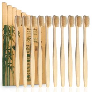 Sumshy Lot de 10 brosses à dents en bambou beige | Brosses à dents biodégradables et compostables respectueuses de l'environnement en charbon de bambou naturel | Brosse à dents en bois à poils souples (Sumshy, neuf)