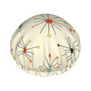Mid Century Fifties Bonnet de douche moderne Atomic r&eacute;tro imperm&eacute;able r&eacute;utilisable pour femme &ndash; Couvre-cheveux &eacute;lastique pour bain, spa, voyage et utilisation quotidienne (ZSUUGJ, neuf)