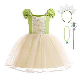 Lito Angels Deguisement Costume Robe de Princesse et la Grenouille Tiana avec Accessories pour Enfant Fille Taille 6-7 ans, Vert (Lito Angels FR, neuf)