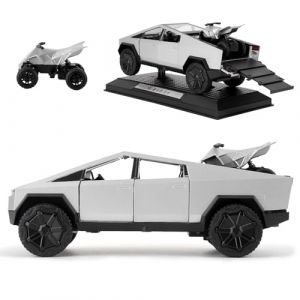 TGRCM-CZ Tesla Cybertruck 1/32 Voiture pick-up électrique avec une moto en alliage de zinc Pull Back avec son et lumière pour enfants, garçons et filles, cadeau (argenté) (Tigercarmodel, neuf)