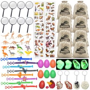 FEMBW Dinosaure Party Jouet Cadeau Anniversaire, 64 Pièces Pinata Dinosaure Party Favors avec Loupe Sac à Cordon Porte - clés lumineux Dino Œufs Squelettes Modèles et 3D Autocollants our Fille Garçon (GengZhiEU, neuf)