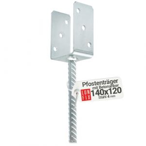 140 mm - Support de poteau en forme de U avec ancrage en b&eacute;ton - Hauteur d'ancrage : 195 mm - Hauteur lat&eacute;rale en U : 120 mm - Acier galvanis&eacute; &agrave; chaud (LUN FIX, neuf)