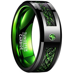 NUNCAD Bague Homme/Femme/Unisexe en Tungstène Fibre Carbonique Motif de Dragon avec Zircon Bague Moderne/Bague de Souvenir/Bague d’Amitié Noir + Vert 8mm Taille 63.4(20.2) (NUNCAD FR, neuf)