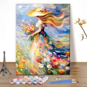 MEIYUDA Peinture par Numero Adulte, Fille dans les fleurs DIY Peinture &agrave; l'huile par Num&eacute;ros sur Toile Artisanat avec Pinceaux, Decoration Maison Cadeau 40x50cm(sans Cadre) (JINBEIKANG, neuf)