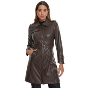 Allegra K Manteaux mi-Longue Femme Trench en Simili Cuir avec Ceinture Veste Faux Cuir Coupe Cintr&eacute;e Col &agrave; Revers et Manches Longues Blouson PU de Motard Caf&eacute; XS (Allegra K FASHION, neuf)