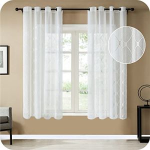 Topfinel Lot de 2 Rideaux Voilage Court 140x145cm Blanc Voilage &agrave; Oeillet Rideau Semi-Transparent int&eacute;rieurs pour Chambre Salon Maison Brod&eacute; Losanges Rideaux Salon Voilage de Petit Fen&ecirc;tre (NoledarEU, neuf)