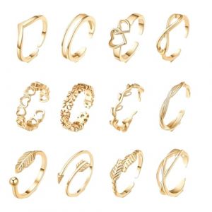 KEQAR 12pcs Bagues d'Orteils pour Femme, Ensemble de Bijoux Bague de Pied et Chevillère Ajustable, Bagues en Argent 925 et Or (Or) (APENGPENG, neuf)