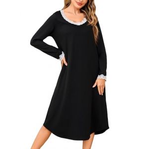 Litherday Chemise de Nuit Femme Coton Longue Robe de Nuit Col en V Nuisette Femme Dentelle V&ecirc;tements De Nuit Hiver (YUNQU-EU, neuf)