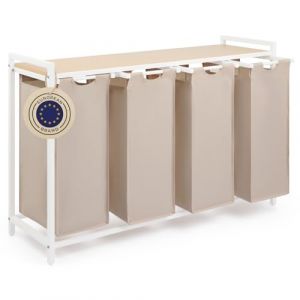 Blumtal panier a linge 4 compartiment - meuble de salle de bain avec effet bambou - panier a linge 4 sections - étagère en métal - bac deux sections avec cadre métallique sur pieds - couleur crème (Everbrent, neuf)