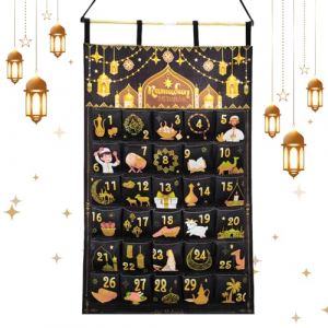 AhfuLife Ramadan Calendrier de l'Avent Suspendre, Calendrier de D&eacute;coration Ramadan 2026 en Tissu &agrave; Remplir avec 30 Poches, Calendrier de D&eacute;compte A&iuml;d pour Decor Eid Mubarak F&ecirc;te (Or Noir) (echoapple, neuf)