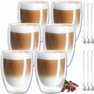 MULEVIP Tasse &agrave; Caf&eacute; Double Paroi (6 x 350ml) Verre Double Paroi, Tasse Double Paroi Tasse Cafe Double Paroi,Tasse Cappuccino,Verre Cafe avec 6 Cuill&egrave;res,pour Caf&eacute;,Bi&egrave;re,Jus,Latte Cappuccino (CIPI TEHNOLOGY S.R.L., neuf)