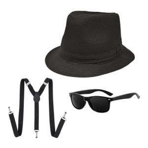 UILYNIU 3 Pièces Costume de Chef de la Mafia des Années 20, Accessoire Annee 1920 Homme Fedora Chapeau Gangster Lunettes Élastique Bretelles, Chapeau Panama Homme Gangster Tenue Halloween Déco (XIMO EU, neuf)