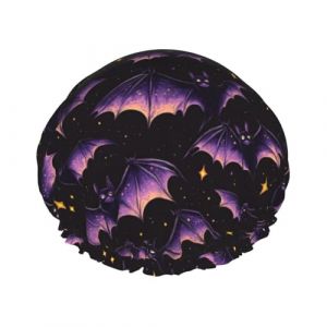 Bonnet de douche pour femme, motif chauve-souris, &eacute;toile violette, double couche, bande &eacute;lastique, bonnet de bain pour cheveux longs pour douche (quanSM-US, neuf)