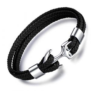 Unendlich U Infinite U Bracelet tiss&eacute; en Cuir, Multicouche, avec l'ancre r&eacute;tro en Acier Inoxydable, Bracelet pour Homme, Cadeau de No&euml;l Anniversaire (Noir) (MicLee, neuf)