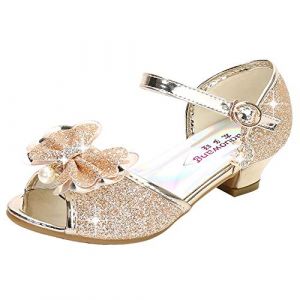 New front Chaussures &agrave; Talon Haut Danseuses Fille Chaussure Ballerines Princesse Fille &agrave; Talon Paillette pour D&eacute;guisement Ceremonie Mariage Carnaval F&ecirc;te Sandale Crystal Bling,Or,30 EU (New Front, neuf)