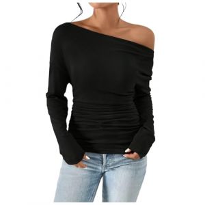 Pull &agrave; &eacute;paules d&eacute;nud&eacute;es pour femme, &eacute;l&eacute;gant, t-shirt pour femme, &eacute;paules d&eacute;nud&eacute;es, couleur unie, d&eacute;contract&eacute;, coupe ajust&eacute;e, t-shirt d'hiver basique, haut l&eacute;ger, tunique classique pour femme, Noir , S (Youmianhui, neuf)