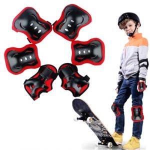 BAOSROY Protection Roller Enfant,6pcs Sport Equipement Protection Enfant,Protection pour Patins à roulettes vec Genouillères,Coudières et Protèges,Protection Patin a Roulette Velo Enfant,Noir Rouge (Poseidoneye, neuf)
