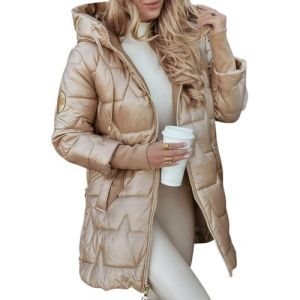 Goolecrimp Doudoune d'hiver mi-longue matelass&eacute;e chaude &agrave; capuche pour femme parka longue &agrave; capuche chaude et brillante doudoune &agrave; capuche mi-longue coupe-vent (Grand,Champagne) (Suyiyuan, neuf)