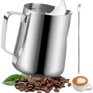 Omtofo Pichet Lait Inox, 350ml Pot &agrave; Lait Avec Lignes de Mesure et Latte Art Pen, Milk Frother, Pichets-mousseurs &agrave; lait pour Cappuccino, Expresso, Latte Art (BERSANI GIU S.R.L., neuf)