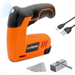 FISHTEC Agrafeuse Electrique Cloueuse Sans Fil - Batterie Li-Ion 4V, Rechargeable - Idéal Bricolage, Décoration : Murale, Tapisserie, Bois - Livrée avec 200 agrafes et 200 clous - Orange (SOLDELA ®, neuf)