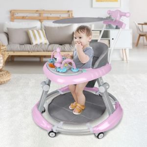 Trotteur Babywalker 3 en 1 Chariot d'éveil et de marche Trotteur - fonction basculante Transat avec roulettes, musique, aire de jeu Table à manger Trotteur Pliable (rose) (Willanmd, neuf)