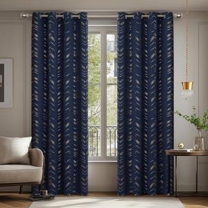 Deconovo Lot de 2 Rideaux Occultants Thermiques Isolants Anti-Froid à Œillets - Motif en Fil d'or 140×175CM, Rideaux Thermiques pour Chambre et Salon Bleu Marine (Deconovo-Home, neuf)