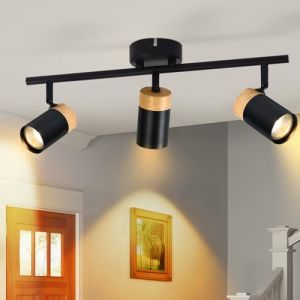Glitzerlife Spots de plafond Noir - Plafonnier LED Bois 3 Spots &Eacute;clairage de Plafond GU10 Industriel Orientable 350&deg;pour Cuisine Couloir Salon Chambre &agrave; Coucher (Sans Ampoules) (Gl&uuml;ckstein, neuf)
