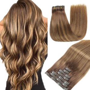 GUDOZO Extension Clip Cheveux Naturel 7pcs 45cm 120g Brun Chocolat M&eacute;lang&eacute; &agrave; du Brun Clair Clip Extension Cheveux Naturel Rajout Cheveux Clip Naturel Clip In Hair Extensions(18Inch,4/4/27#) (Yuzhoushi Tifuni Fazhipin Youxiangongsi, neuf)