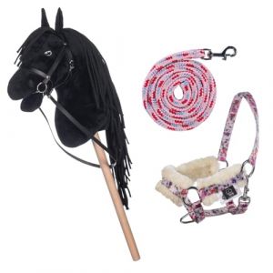 HKM Kids Hobby Horse Noir, avec Licol et Longe en Rose avec Motif Floral, Cheval de Bataille pour Enfants, Jouet (Brama-West Agrarhandels GmbH, neuf)