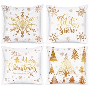 Lanpn Lot de 4 p&egrave;re Housse de Coussin Noel 40x40 cm, Taie d'oreiller Joyeux Xmas Flocons de Neige d'hiver Parure de Oreiller de D&eacute;coration(Blanc et Dor&eacute;) (BILLIONRVL, neuf)