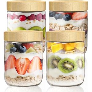 Zikenis 4 pi&egrave;ces Overnight Oats Jar 500ml,Bocaux en Verre Herm&eacute;tique,Mason Jar avec Couvercles en Bois &agrave; Vis Scell&eacute;sm,pour yaourt,Pudding,Chutneys,porridge,L'Avoine,Salade (ZIEDONIS XXXL, neuf)
