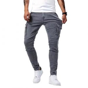 Hommes Multi - Poches Jeans Cargo Side Bags Hommes Crayon Jeans Hip Hop Cargo Jogging Pantalons Jean (S4 Gris,M) (ZDJSWJ STORE, neuf)