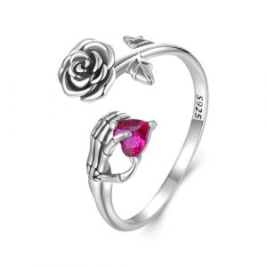 Qings Bague pour Femme Ajustable Tête de Mort en Argent 925 Bague Ouvert Vintage Gothique Fleur de Rose avec Zirconium pour Femme Homme (LiSQ EU, neuf)