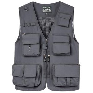 KTWOLEN Homme Gilet de P&ecirc;che en Maille Multi-Poches Gilets L&eacute;ger Respirant &agrave; S&eacute;chage Rapide Gilet de Photographe Camping Chasse Gilet Ext&eacute;rieur sans Manche avec 15 Poches (Gris, 4XL) (KTWOLEN, neuf)