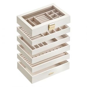 SONGMICS Boîte à Bijoux avec 6 Plateaux Empilables, Coffret à Bijoux Spacieux, Couvercle en Verre, 17 x 28 x 25,3 cm, pour Tiroir, Coiffeuse, Blanc Nuage JBC195W01 (SONGMICS HOME FR, neuf)