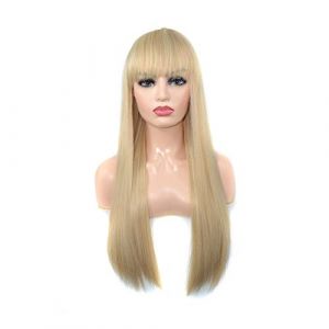 perruques Perruque droite longue perruque doré Headgear de perruque jaune for femme Perruque synthétique avec frange à la recherche quotidienne de soirée portant une perruque complète 24 pouces résist (facai777, neuf)