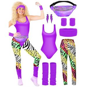 BIQIQI Déguisement Année 80 Femme des Costume de Sportif Justaucorps Legging bandeau bracelets jambières boucles d'oreilles Fanny Pack tenue justaucorps des années 80 pour les années 80 et 93 (mingqiwangluokeji, neuf)