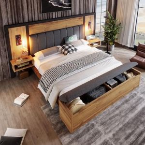 Lit 180x200 avec lampe et USB C, Lit Double 180x200 avec tête de lit et banc rangement, Lit Industriel avec sommier à lattes en métal, Cadre de lit 180x200 en bois et lin, Chêne (Sans Matelas) (OOIILLEE, neuf)