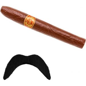 Kit Faux Cigare et Fausse Moustache Adh&eacute;sive Noire I D&eacute;guisement Accessoire Homme Plastique I M&eacute;xicain Bandit Cubain Italien I Ann&eacute;es 70 80 Gringo Gangster Mafia Pirate I Carnaval Halloween (CA SE FETE, neuf)
