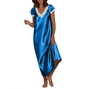 Chemise de Nuit Femme Satin Dentelle Pyjama Sexy &agrave; Col en V Profond Robe Longue Couleur Unie Grande Taille Manches Courte Robe de Nuit Coquin Nuisettes Pleine Slip Chemises Nuit Femme (UoUa1245, neuf)