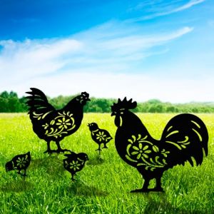 Lot de 5 piquets de poulet en m&eacute;tal pour d&eacute;coration de jardin, coq et poule avec poussins, d&eacute;coration de jardin, d&eacute;coration de jardin, pelouse, ext&eacute;rieur (huyushang, neuf)