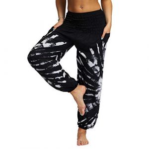 Nuofengkudu Femme Hippie Sarouel Harem Thai Pantalon Poches Boho Fleuri Print Taille Haute Baggy Casual Plage Leger Yoga Pants (Noir B,Taille Unique) (better Life, neuf)
